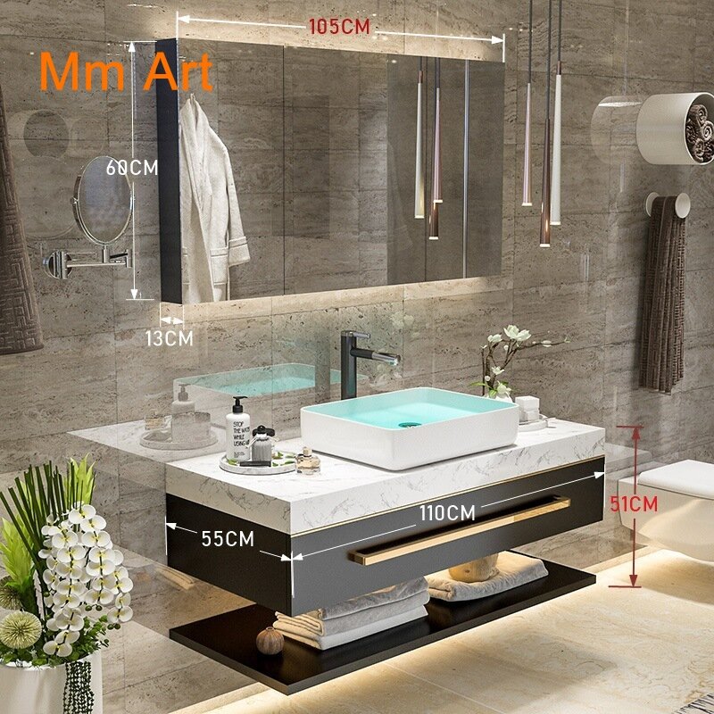 Armoire de toilette flottante en marbre et contreplaqué, meuble de salle de bain avec évier, 72 /60 pouces