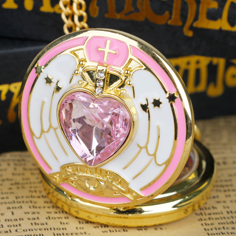 Golden สไตล์ Girly สีชมพูฝังคริสตัลควอตซ์นาฬิกาสุภาพสตรีเด็กสร้อยคอลูกปัด Moon นาฬิกากระเป๋า Fob จี้ของขวัญ