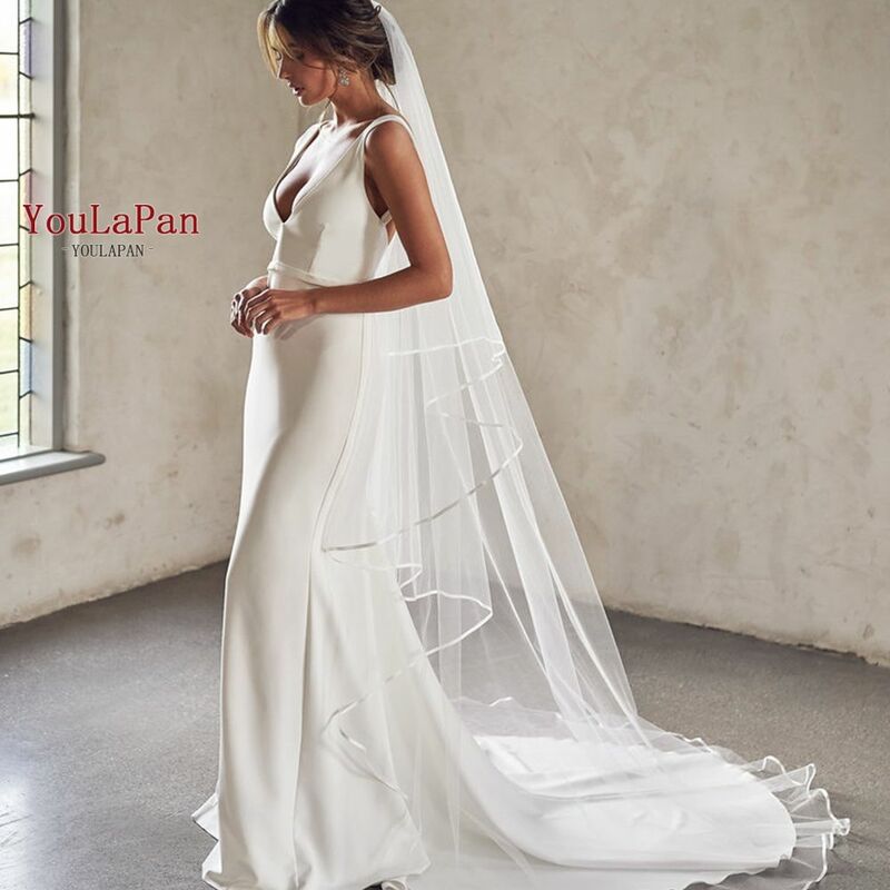 YouLaPan V21 الحجاب الزفاف طويلة مع حافة الشريط بسيطة أنيقة عالية الجودة حجاب الزفاف اليدوية الأبيض العاج موضة الحجاب