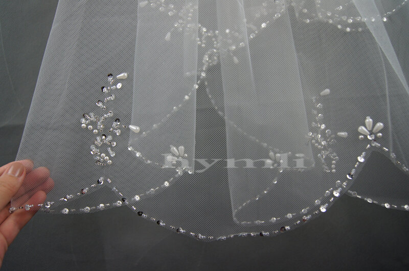 結婚式のベール,新しいスタイル,2層,長さ,手作り,真珠付き