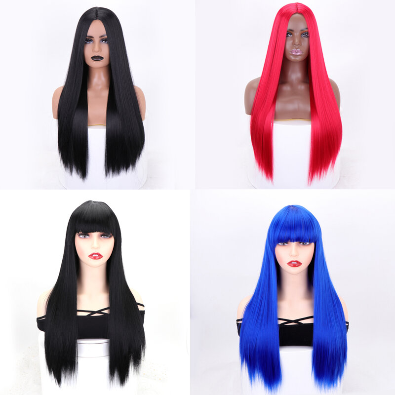 Junsi longo sintético em linha reta vermelho peruca cosplay para mulher natural parte média preto azul perucas com franja peruca resistente ao calor