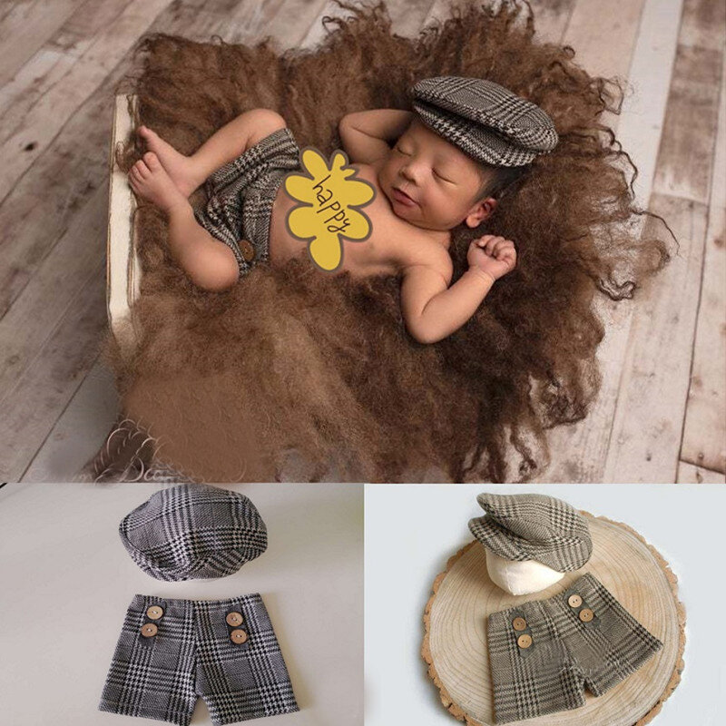 Bayi Baru Lahir Fotografi Alat Peraga Bayi Boy Hat Plaid Kostum Pria Kecil Foto Studio Aksesoris Celana