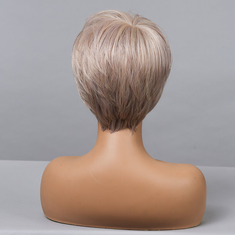 HAIRCUBE krótki fryzura Pixie peruki ludzki włos mieszanka peruki syntetyczne dla kobiet mieszane Rose blond brązowy warstwowe włosy peruka z Side Bang