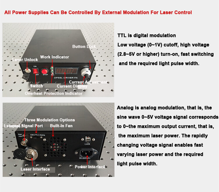 Daya Tinggi 355nm UV Pulsa Laser Laser Daya Modul 20 MW 50 MW 100 MW Dapat Beberapa Serat Output