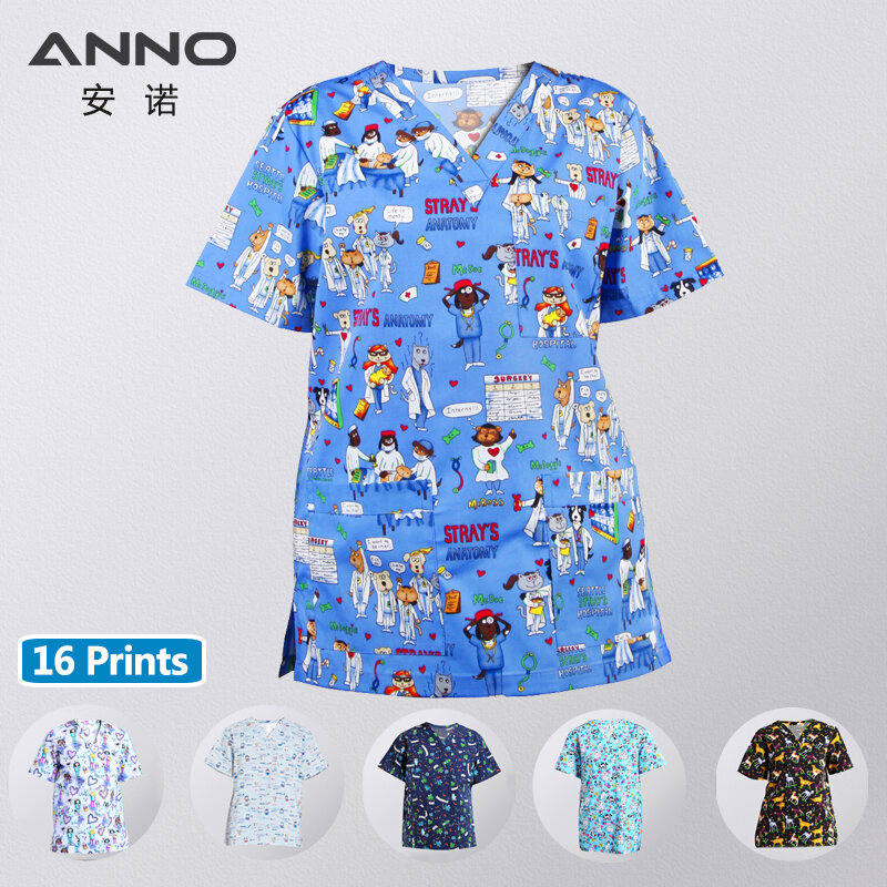 ANNO 병원 직원 스크럽, 최고 의료 위생 간호 유니폼, 치과 진료소 인쇄, 미용 간병인 작업복