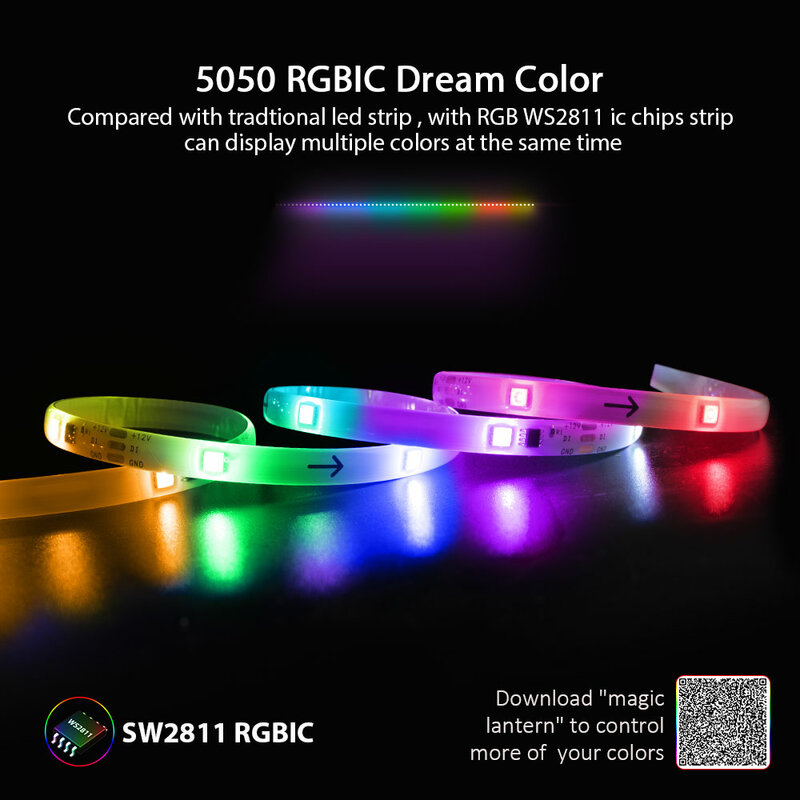 Oświetlenie bożonarodzeniowe, diody na wstążce LED RGBIC IP65 wodoodporne, segmentowane DIY, efekt kolorystyczny, tęczowe światło na choinkę