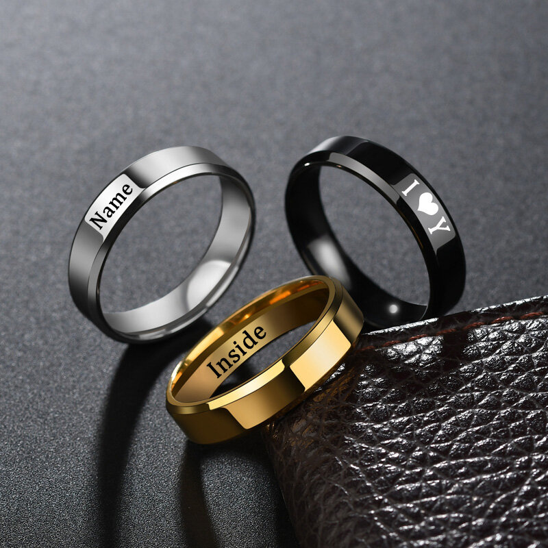 Wygrawerować nazwa litery stalowe pierścienie ze stali nierdzewnej dla kobiet mężczyzn złoty kolor niestandardowy 6mm kwadratowy wisiorek pierścień biżuteria urodziny prezent dla par