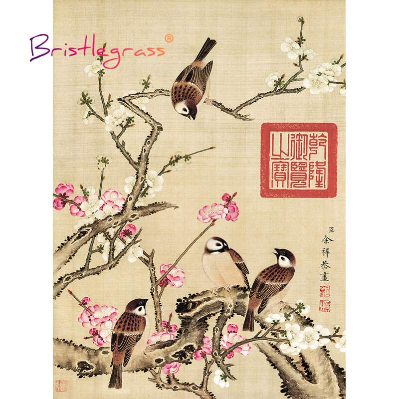 BRISTLEGRASS Wooden Jigsaw Puzzles 500 1000 Pieces Plum Blossom Flower Sparrow Bird Yuzhi Educational Toy Chinese Painting Decor