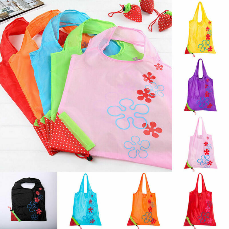 2021 Large Strawberry Eco Shopping Travel Tote Bag Folding Reusable Grocery Nylon Bag Black/Red/Blue/Orange/Yellow/Pink/Green