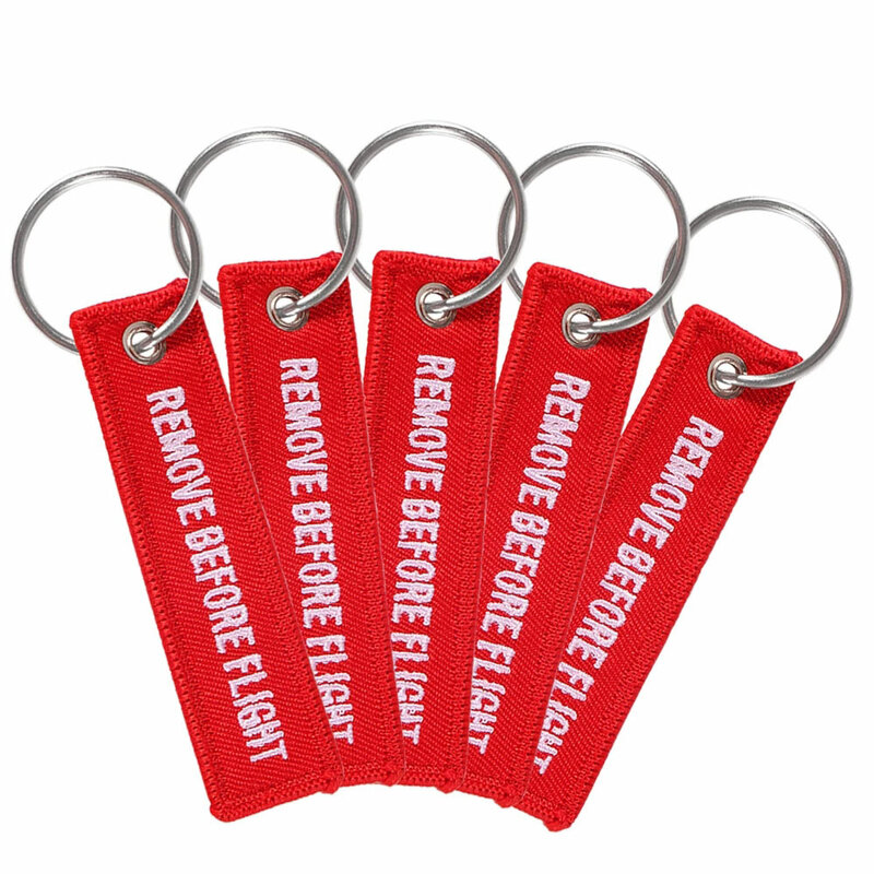 Mini porte-clés rouge à enlever avant le vol, 5 pièces, 8x2cm, pour la Promotion de l'aviation, cadeaux de noël, étiquette brodée