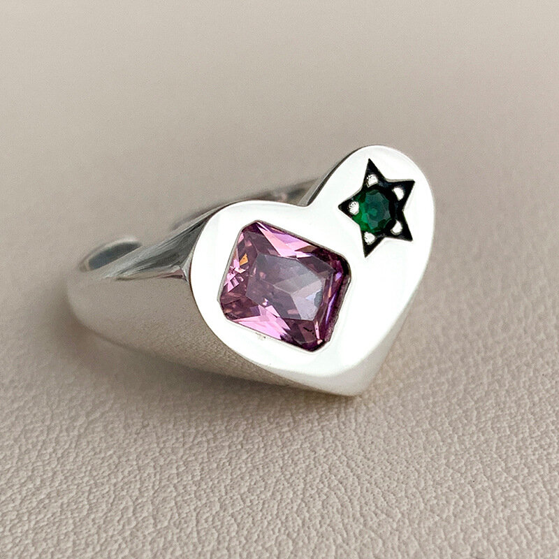 925 Perak Murni Cinta Hati Zirkon Cincin Pertunangan Kreatif Sederhana Geometris Buatan Tangan Pesta Perhiasan Hadiah untuk Wanita