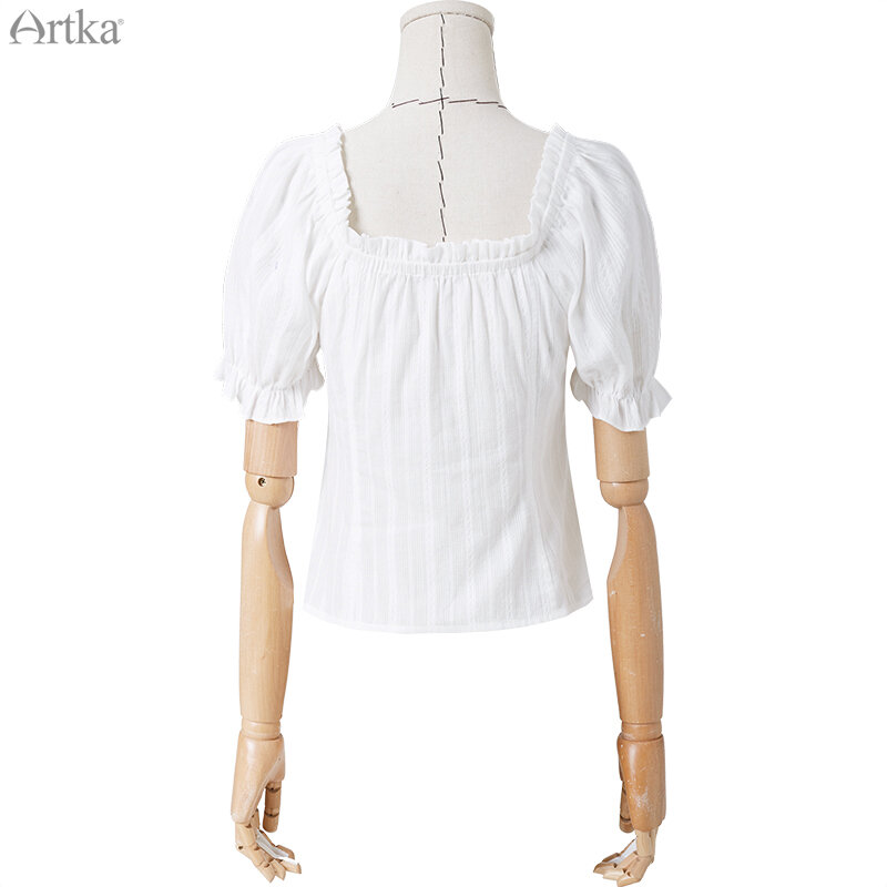Рубашка ARTKA Женская с V-образным вырезом, блузка из чистого хлопка, винтажная сорочка в французском стиле, с короткими рукавами-фонариками, белая, на лето 2020