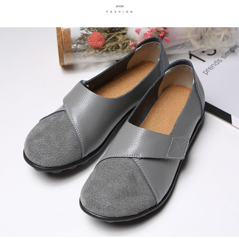Woman's Flats Loafers Shoes Soft Genuine Leather Casual Shoes Big Size 35-44 Mocassin Boat Shoes for Women Hook Loop de mujer
