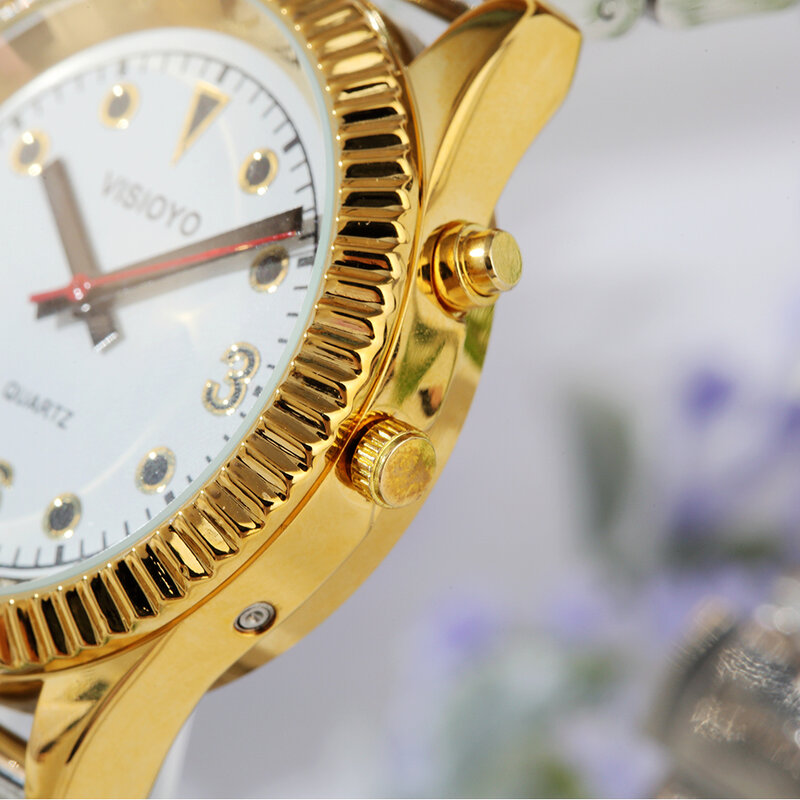 Reloj parlante francés con función de alarma, fecha y hora que habla, esfera blanca, cierre plegable, etiqueta de caja dorada-101