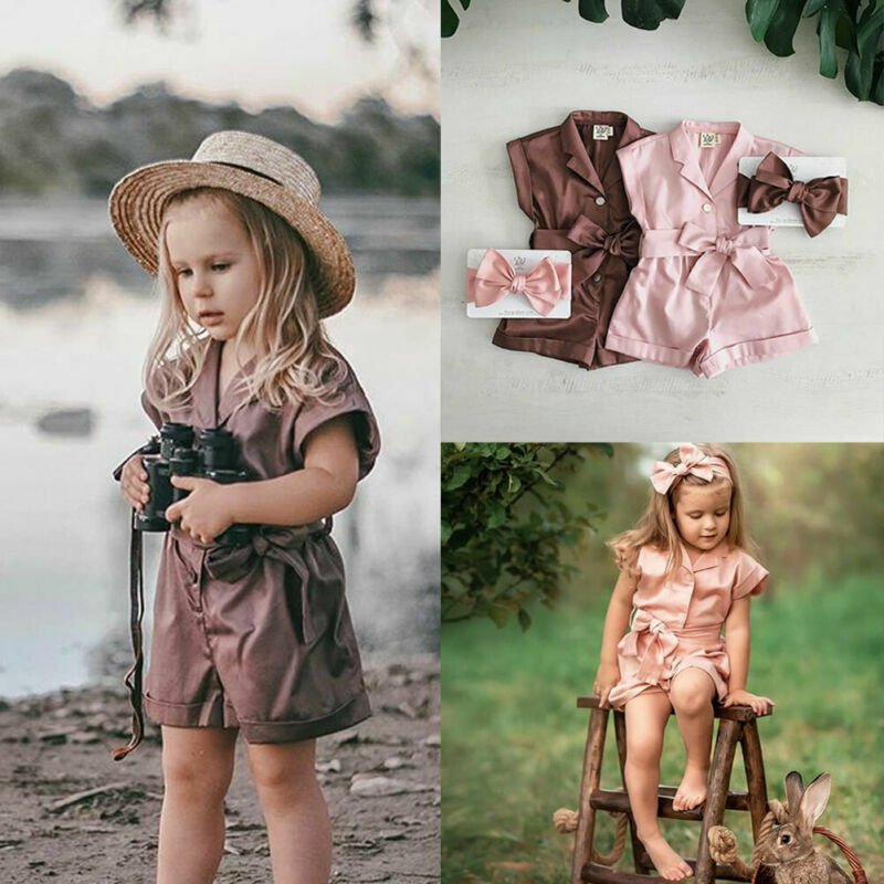 Summer Toddler Baby Girls Kids Clothes Sleeveless Bow-tie Waist Romper Jumpsuit Overalls Shorts Outfits Children Clothes 1-6Y