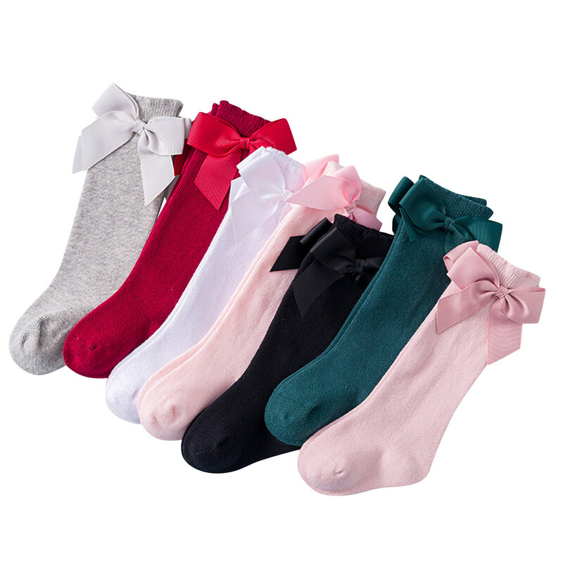Kids Girls Socks for 0-7 Years Solid Knee-High Socks Stockings Winter Spring Bowknot Keep Warm Cotton Girl Princess Sock