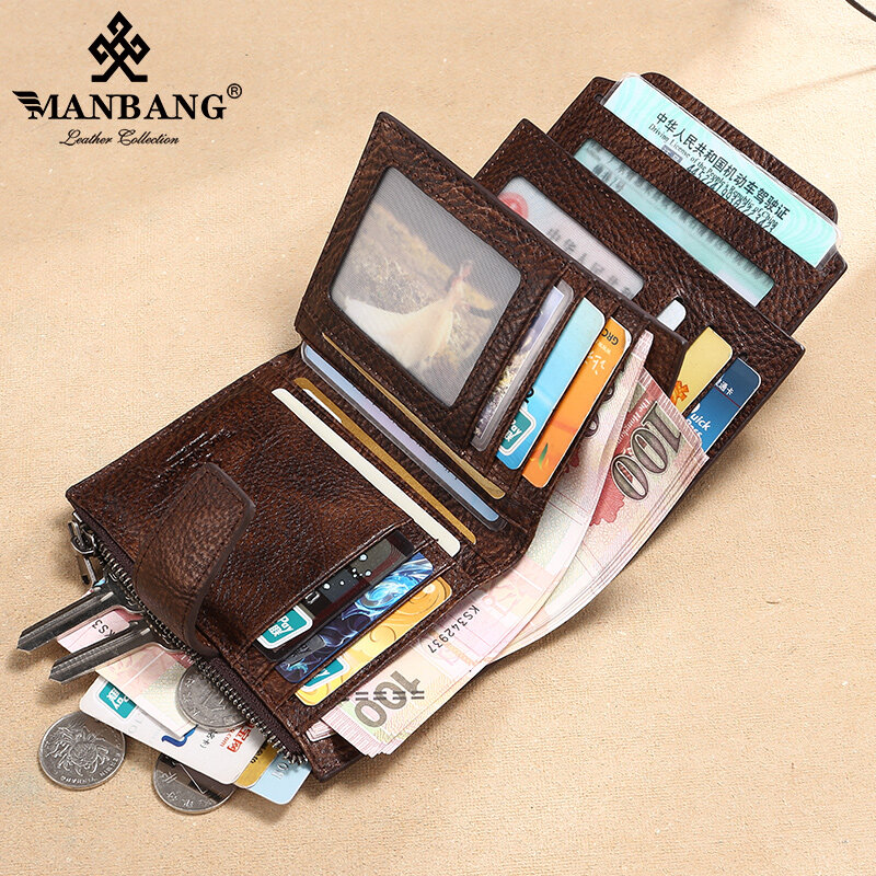 ManBang-cartera de piel auténtica para hombre, monedero pequeño, tarjetero de bolsillo, 2020