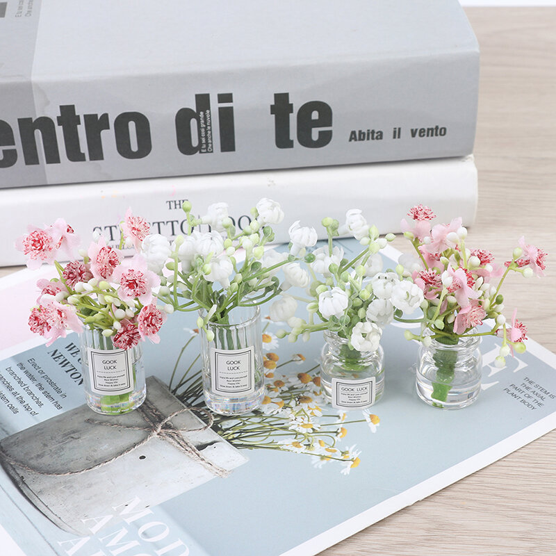 Casa de bonecas em miniatura, jasmim de plástico com vaso, sala de jantar, decoração da casa, simulação de plantas em vasos, 1:12