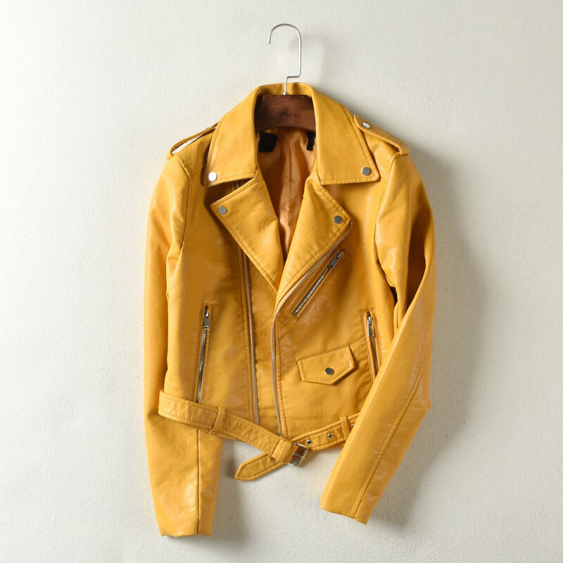 Jaqueta de couro falso com cinto para mulheres, zíper assimétrico, casaco feminino, outwear para moto motociclista, 5 cores, alta qualidade, outono