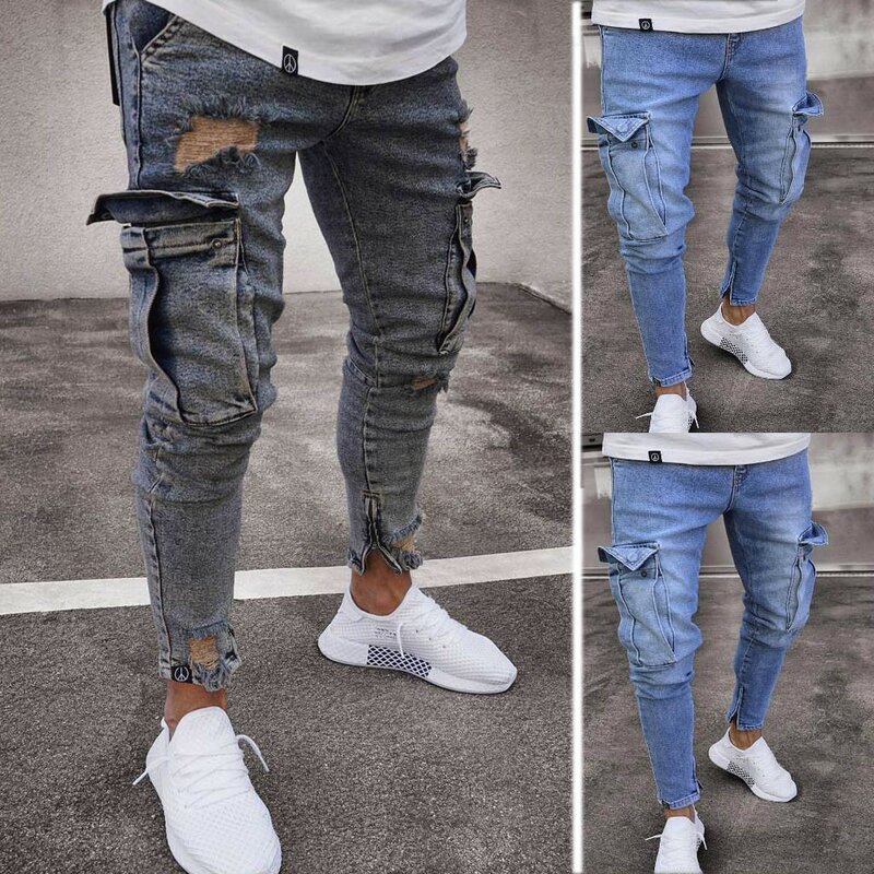 Hot Fashion Men Jeans Hip Hop Cool Streetwear Biker solid Hole Ripped Skinny Jeans Slim Fit Mens Clothes Pencil Jeans 11.21