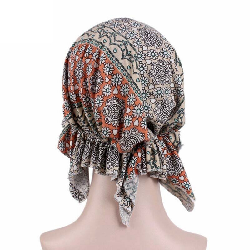 ผู้หญิงใหม่ผ้าฝ้ายผ้าพันคอหมวก Turban สุภาพสตรีพิมพ์ Ruffle มะเร็ง Chemo หมวก Beanie Head Wrap เลดี้อุปกรณ์เสริมผม