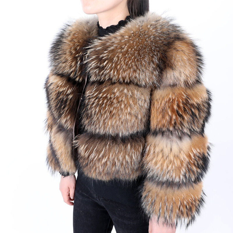 Musim dingin wanita 2023 gaya baru mantel bulu asli 100% jaket bulu rakun alami asli kualitas tinggi mantel bulu rubah mewah leher bulat hangat