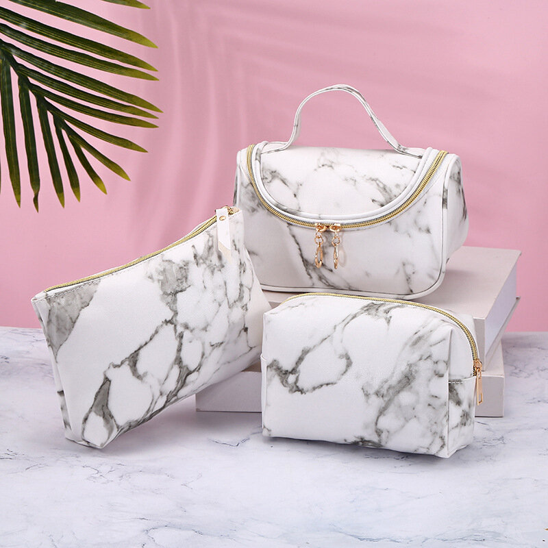 2020 nueva bolsa de cosméticos impermeable con cremallera para mujer, bolsa de maquillaje con lavado de estilo de mármol y belleza para viaje, caja tipo organizador