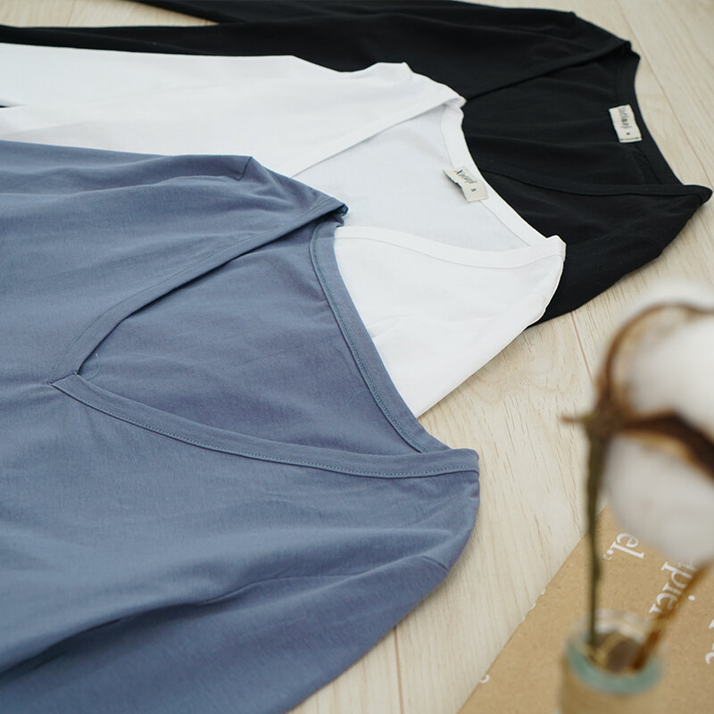 Camiseta 94% de algodón para mujer, camisetas informales de manga larga con cuello en V, ropa de calle básica Harajuku
