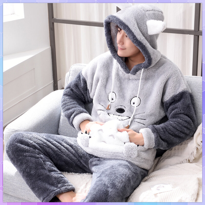Cute Pajamas For Men Thick Plush Fleece Pajama Sets Winter  Coral Velvet Warm Flannel Clothes Home Suit Male Sleepwear Пижама