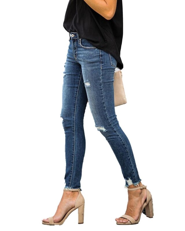 Calça jeans cintura alta feminina, calça jeans destruído vintage