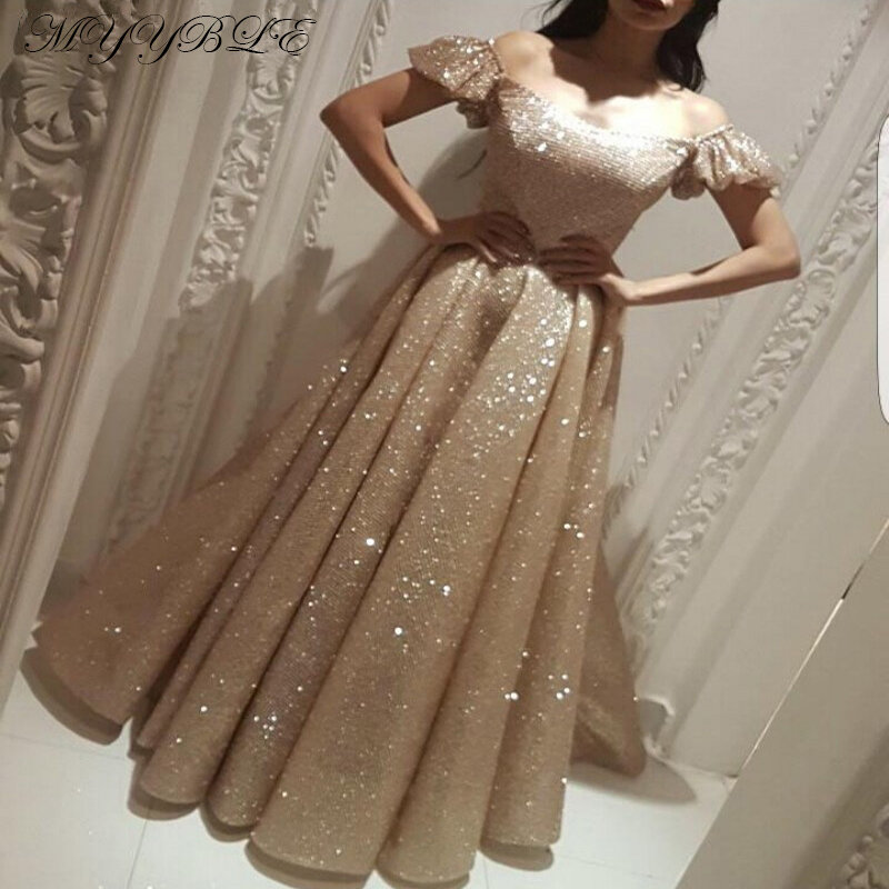 Robe de soiree 2020 Champagner Abendkleid Lange A-Line Glitter Pailletten Saudi Arabisch Frauen Formale Prom Abendkleid abendkleider