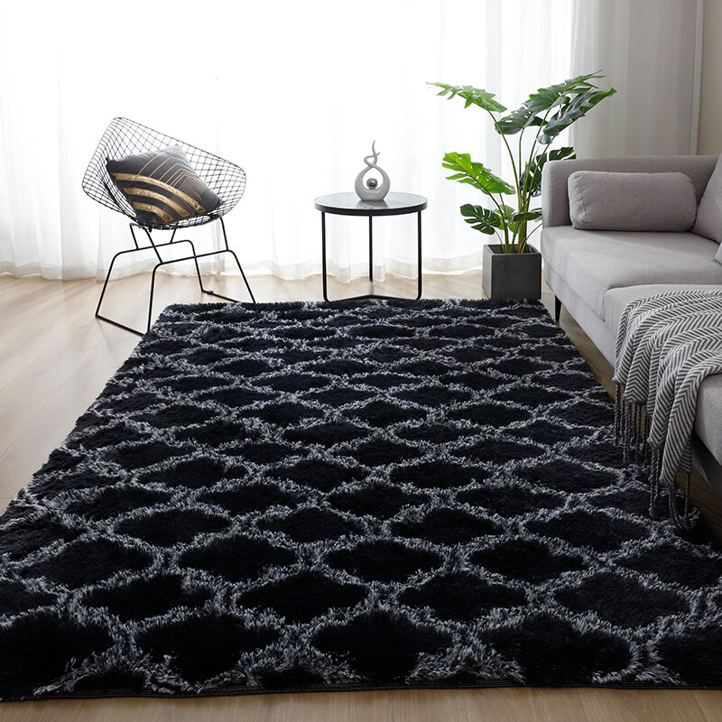 Soft Indoor Large Modern Area Rugs Shaggy Patterned Fluffy Carpets Suitable for Living Room Home Decor Rugs Black Trellis