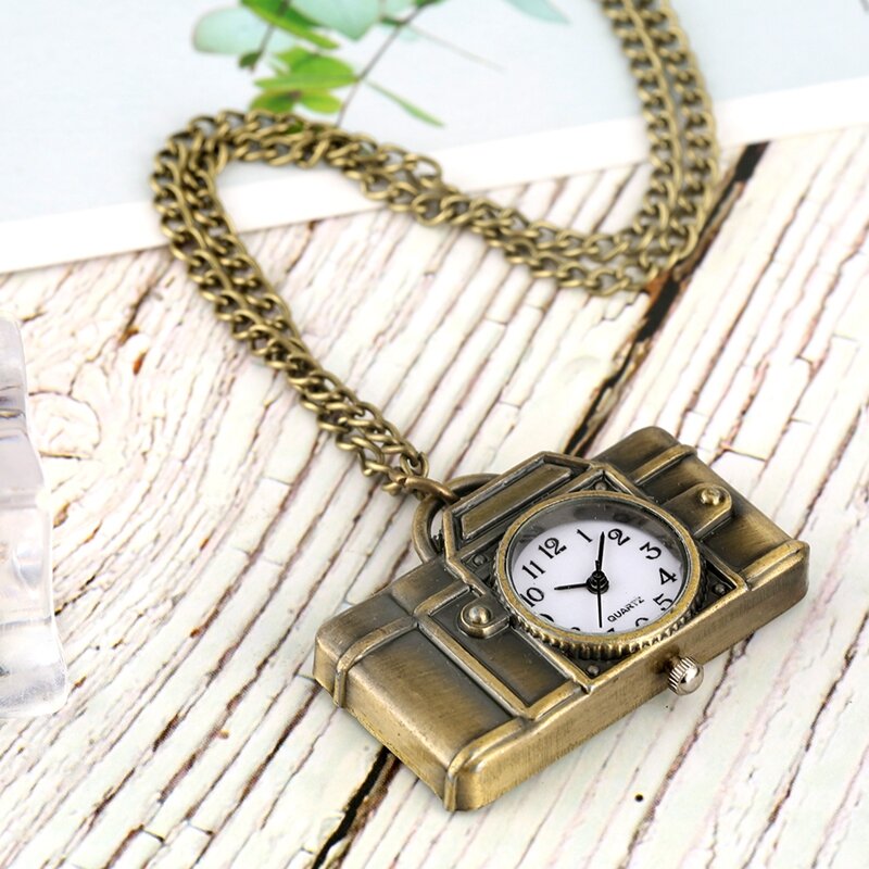 Única forma da câmera pingente pendurado relógio de bolso de quartzo do vintage bronze moda pingente colar relógios para fotógrafos amigos