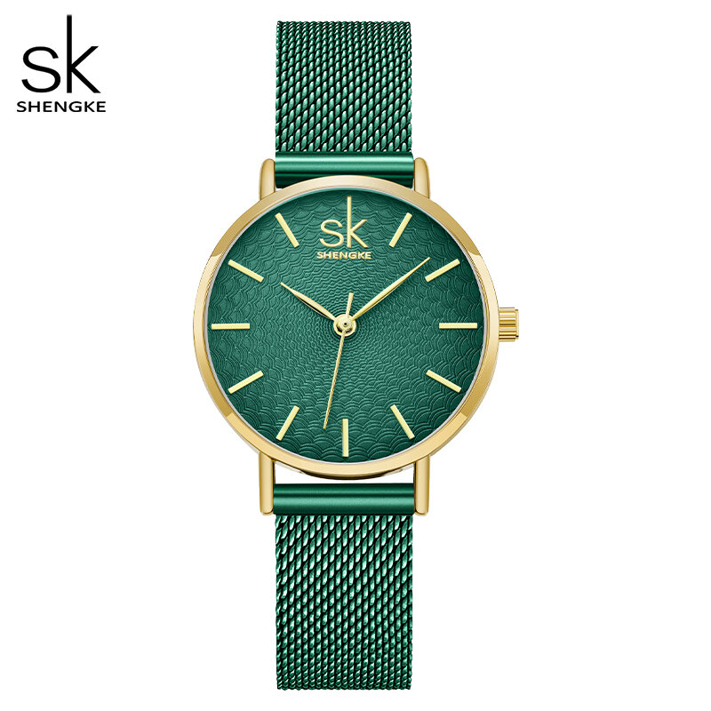 Shengke นาฬิกาสำหรับสตรีสีเขียวพิเศษนาฬิกาแฟชั่น Montre Femme ญี่ปุ่นควอตซ์นาฬิกาสุภาพสตรี Slim แถบปรับได้