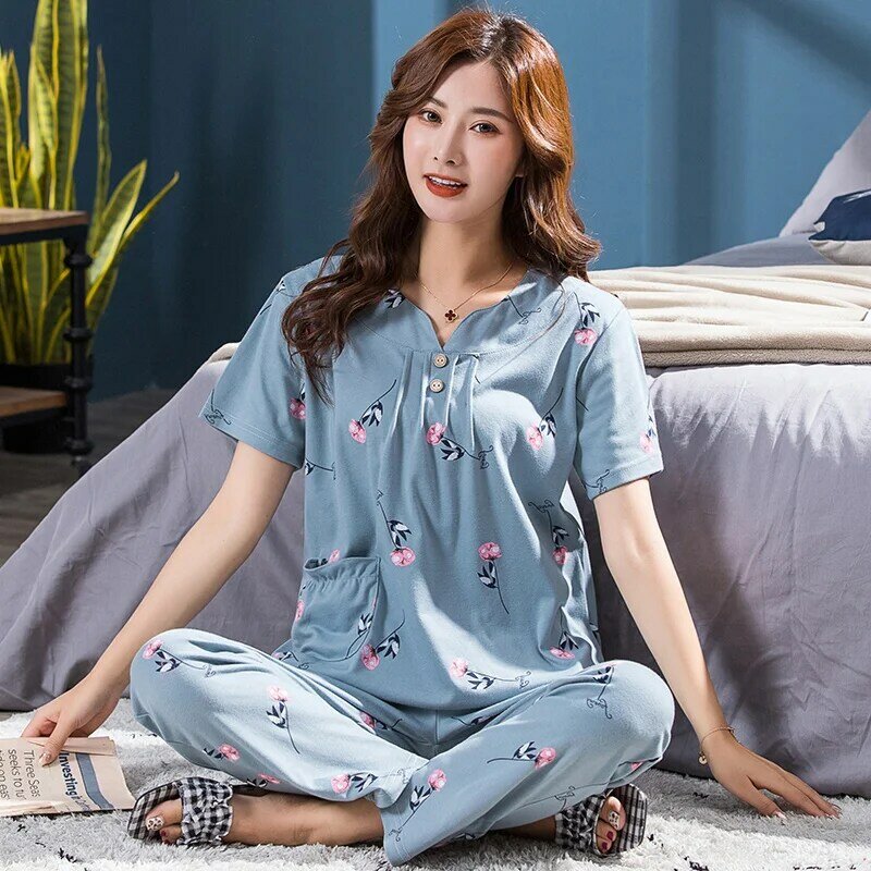 Conjunto de pijama de algodón puro para mujer, ropa de dormir de manga corta, 4XL talla grande, 2 unids/set