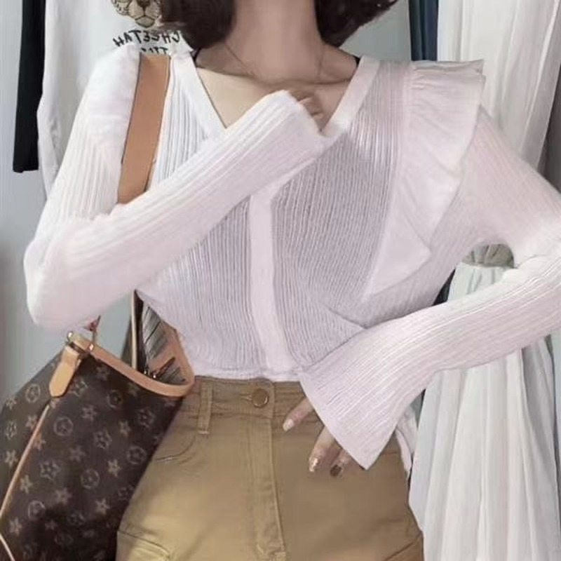 Kaus Wanita Streetwear V-neck Santai Solid Gaya Korea Lengan Panjang Desain Ruffle Wanita Diskon Besar Elegan Single Breasted