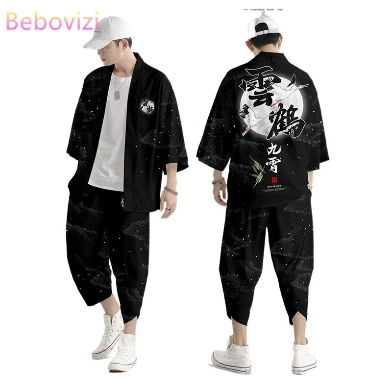 20 style garnitur Plus rozmiar S-3XL luźne chiński japoński samuraj Harajuku kardigan Kimono kobiety mężczyźni Cosplay Yukata topy zestaw spodni