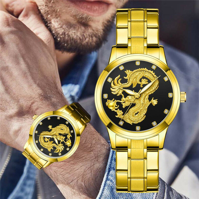Reloj de pulsera de cuarzo con diseño de dragón para hombre, cronógrafo de lujo, estilo informal, con fecha, marca superior