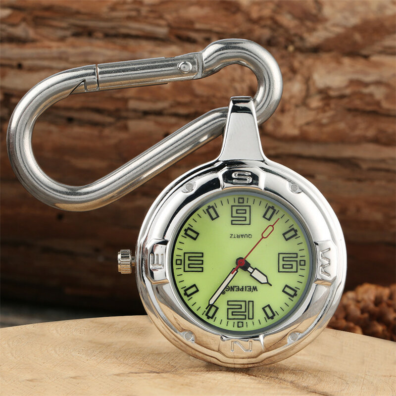 Outdoor Arabic Numerals Luminous Green Dial Quartz Pocket Watch Silver Hanging Buckle Pendant Watch Gifts for Men Women