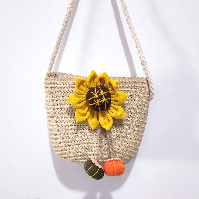 Summer Sunflower Straw Bag Small Kids Lovely Bucket Woven Bag Baby Girl's Mini Coin Purse Crossbody Messenger Bags