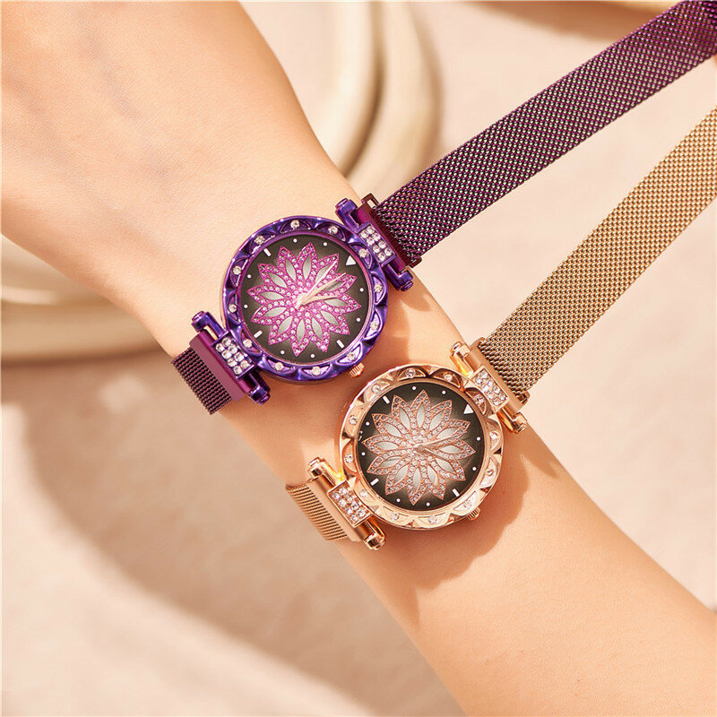 Senhoras de luxo relógio de pulso de quartzo de aço inoxidável relógios de pulso para mulher magnética céu estrelado diamante reloj mujer