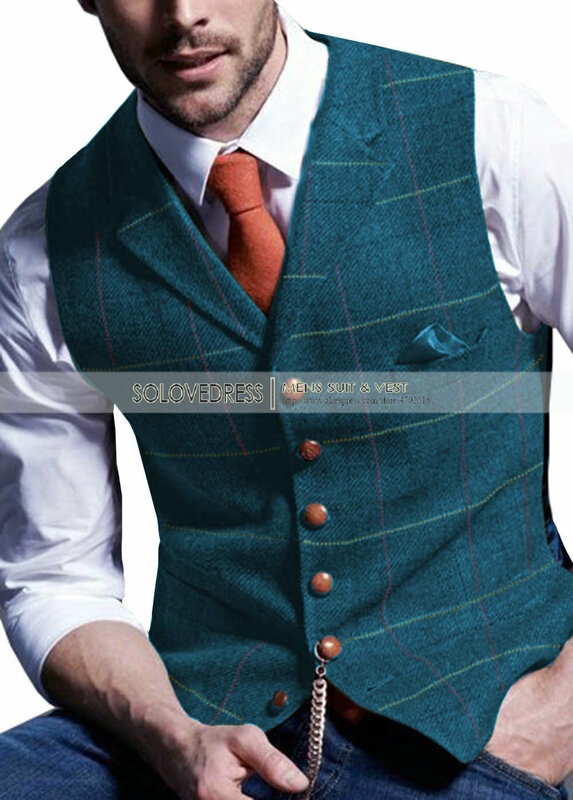 Chaleco de traje de lana a cuadros con muescas para hombre, chaleco de Tweed de espiga, informal, Formal, negocios, padrino de boda, verde/Negro/Verde/gris