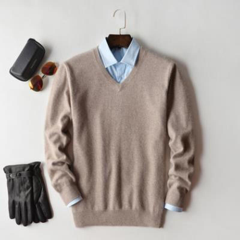 Suéter de cachemira para Hombre, Jersey suave y cálido con cuello en V y cuello redondo, bata de punto, Otoño e Invierno