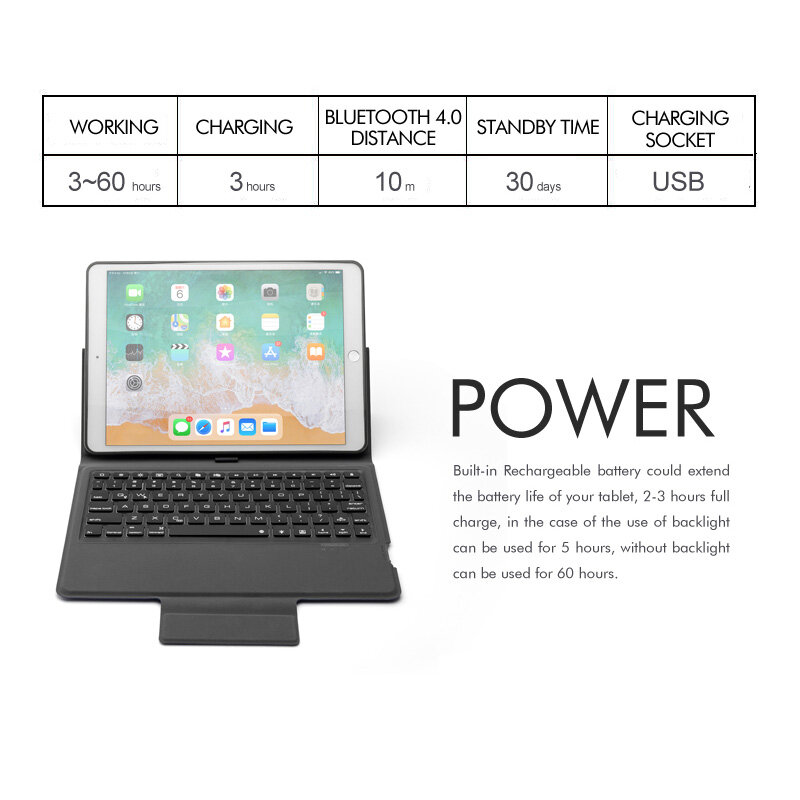 Étui clavier sans fil Bluetooth pour iPad, étui en cuir fin de qualité supérieure, rétroéclairage 7 couleurs, design tout en un, 5.1 pouces, 10.2, 2019
