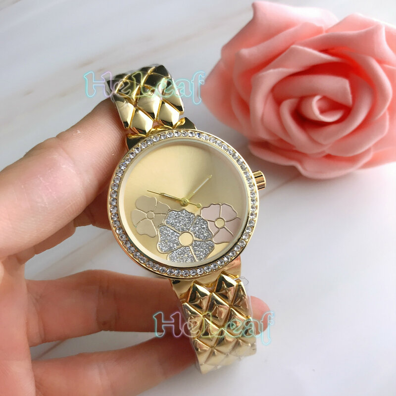Reloj de cuarzo de lujo con diseño de flores de acero dorado y plata para mujer
