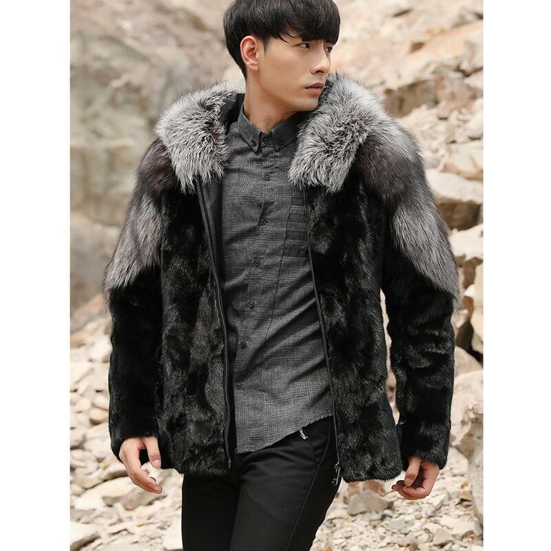 Casaco de pele de raposa com capuz, jaqueta masculina de couro com capuz, casaco curto e quente de inverno, novo, 2019
