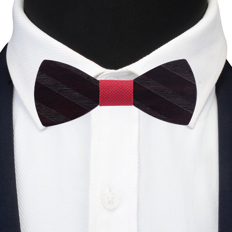 Nowe męskie naturalne muszka drewniana czerwone czarne paski stałe ręcznie regulowane Slim Bowtie na wesele akcesoria krawaty