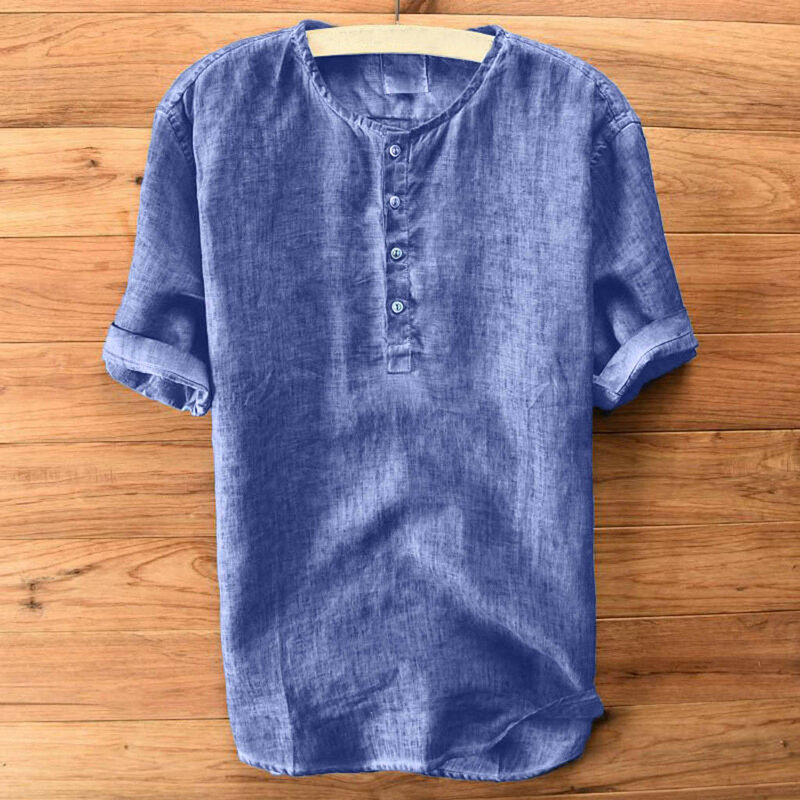 Grande taille 4XL tunique hommes solide blouse lin basique bouton décontracté lin coton à manches longues col en v chemises hommes été 2019 hauts 10.7