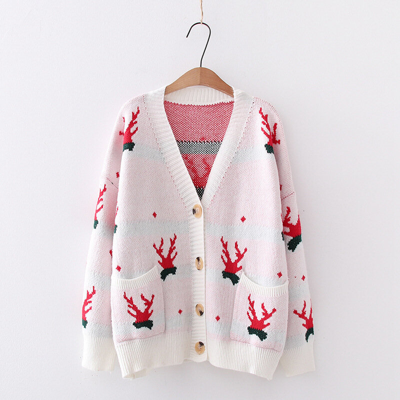 인기 크리스마스 여성 스웨터 인쇄 긴 소매 v 넥 크리스마스 뜨개질 가디건 스웨터 탑 점퍼 니트웨어