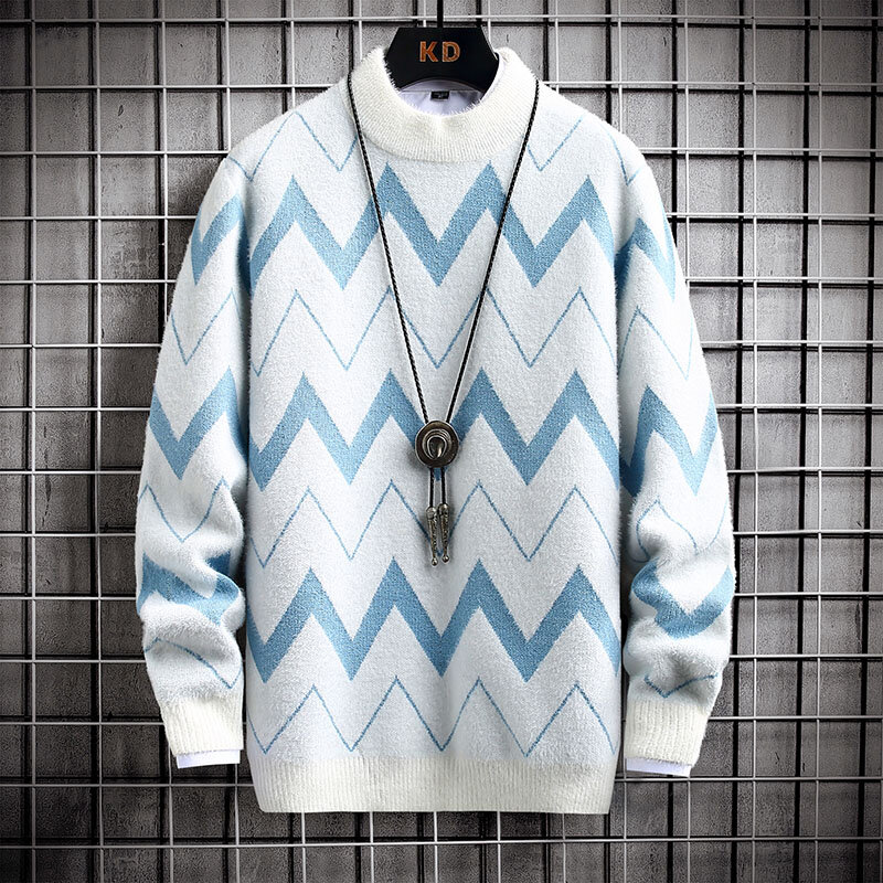 Suéter de punto con estampado para hombre, Tops de manga larga, estilo Casual Retro, a rayas, cálido, Otoño e Invierno